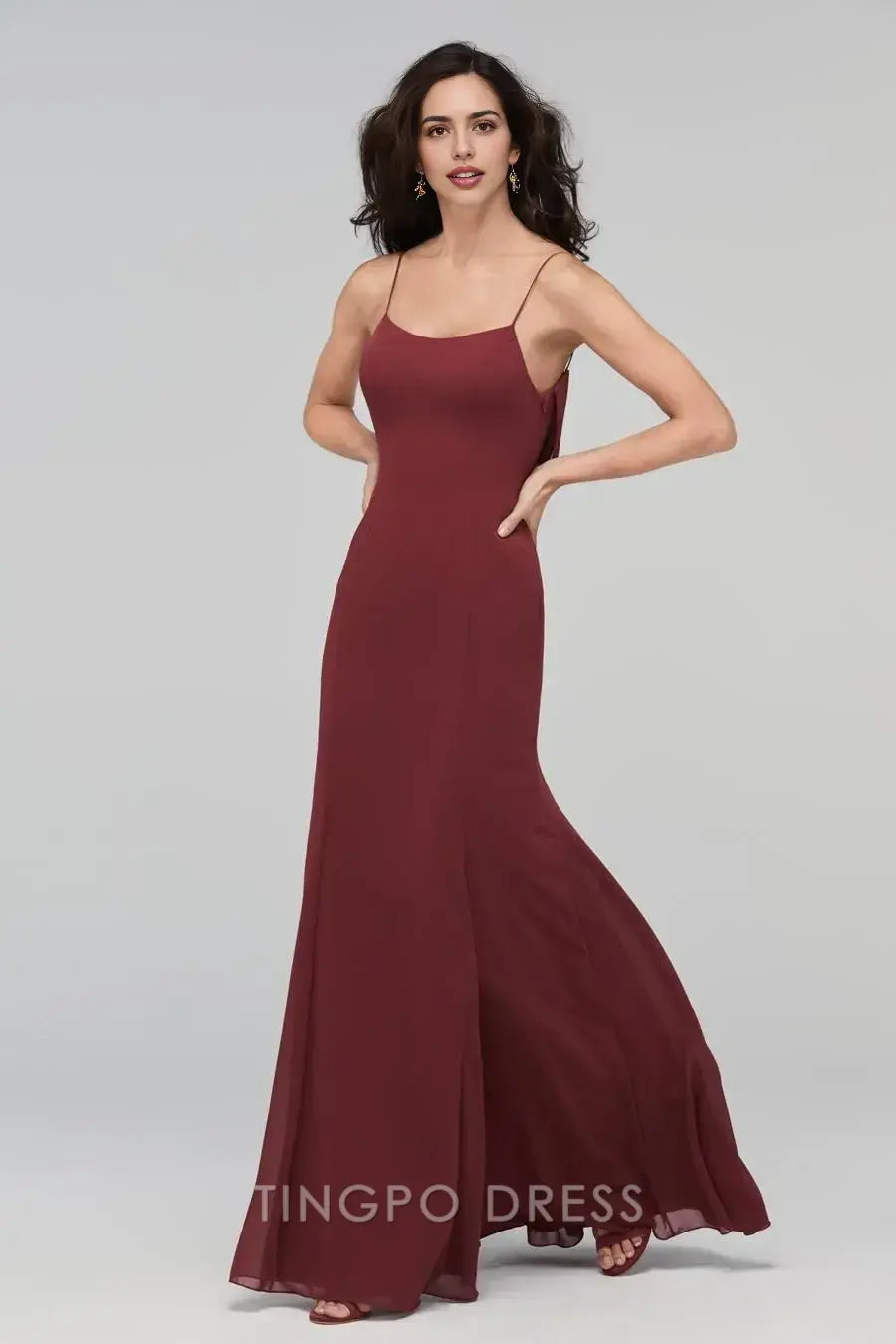 TingPo Wholesale Elegant Burgundy Spaghetti Strap Dress - Square Neck Open Back Sheath Maxi Gown